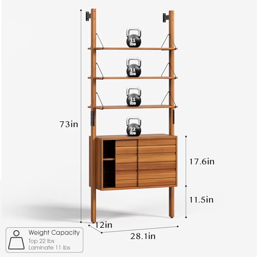 SULIVES Ladder Bookshelf with Storage Cabinet,Mid Century Modern Bookshelf,Wall Mounted Bookshelf with Wood and Metal Frame,6 Tier Open Display Rack for Living Room,Bedroom,Home Office,Cherry