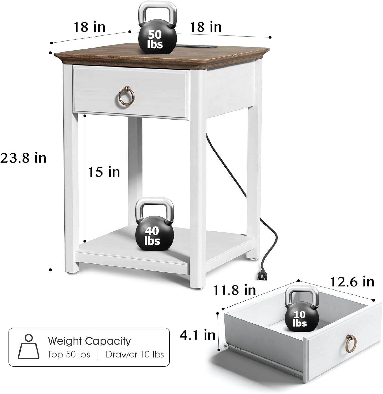 SULIVES End Table with Charging Station, Farmhouse Nightstand with Storage, Square Side Table with Drawer, Solid Wood, for Living Room, Bedroom, White