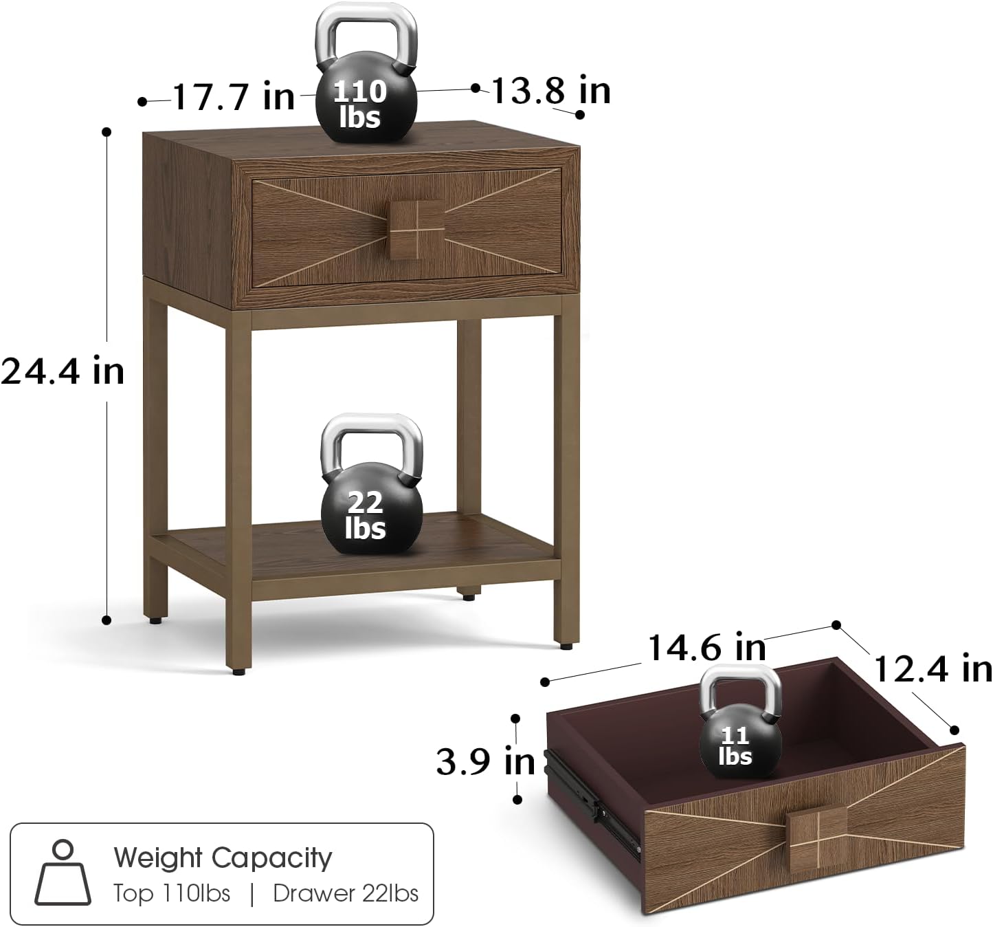 SULIVES Bedside Table,Modern Nightstand with Drawers,Sofa Tables,24.4" Tall End Table with Storage Open Shelf,Rustic Side Table,End Tables Living Room, Brown Oak