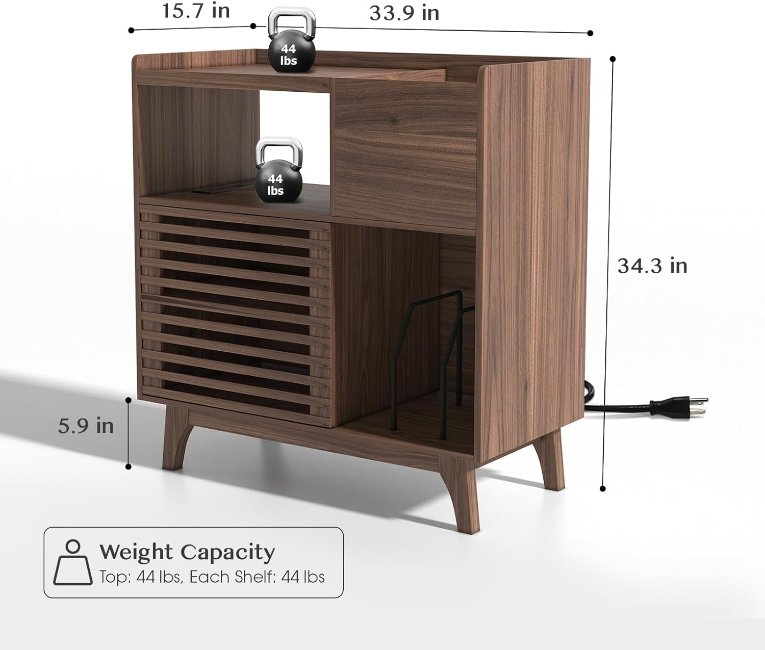 SULIVES Record Player Stand with Vinyl Storage and Charging Station, Large Walnut Cabinet for Holds Up to 300 Albums