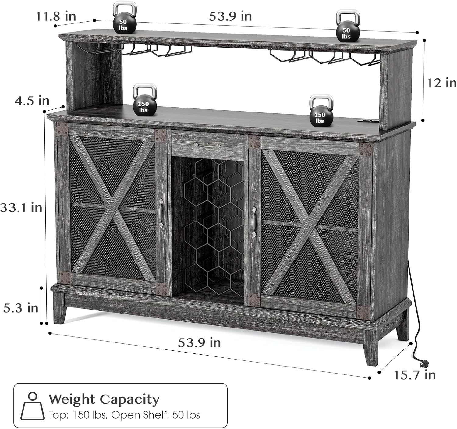 SULIVES Farmhouse Wine Bar Cabinet with LED Lights, Wine Rack & Glass Holder, Liquor Storage, Industrial Sideboard Buffet for Dining Room, Grey