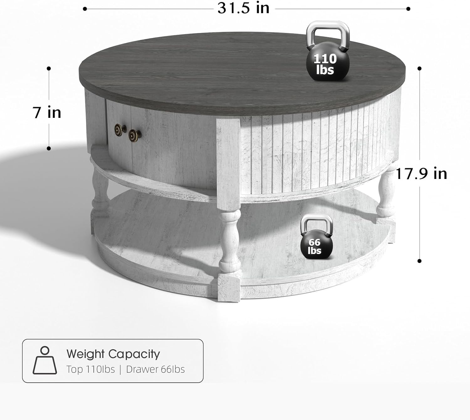 SULIVES Round Coffee Table with Storage, Farmhouse Style, Sliding Door, 31.5" 2-Tier Coffee Table with Solid Wood Legs for Living Room, White