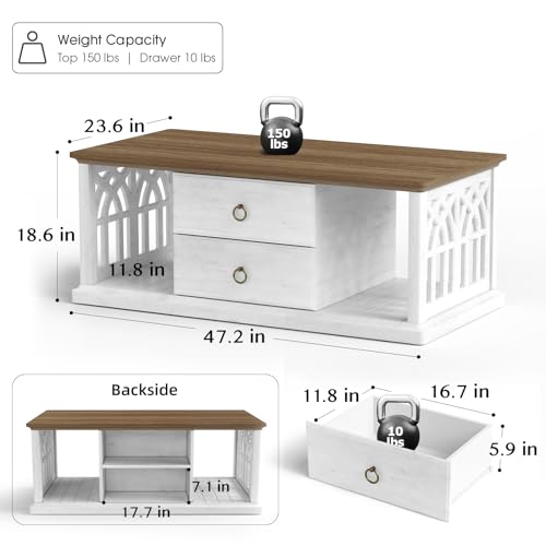 SULIVES Farmhouse Coffee Table with Storage, Modern Rectangular Table with Drawers, Open Shelves, for Living Room or Office, Antique White