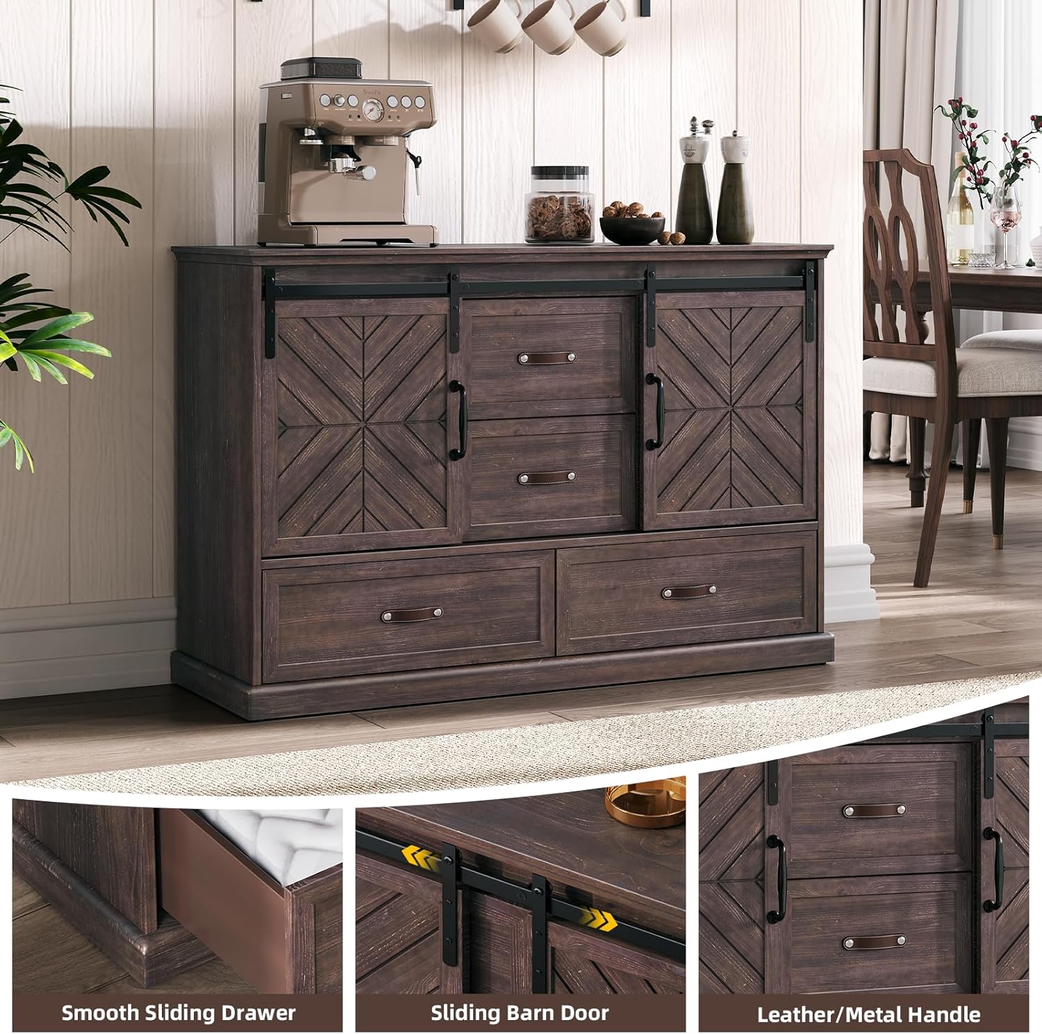 SULIVES Farmhouse Dressers for Bedroom,Chest of Drawers with Storage,4 Drawers Dresser with Sliding Barn Door&Shelf,Wood Rustic Dresser Organizer for Bedroom,Living Room,Entryway,Walnut