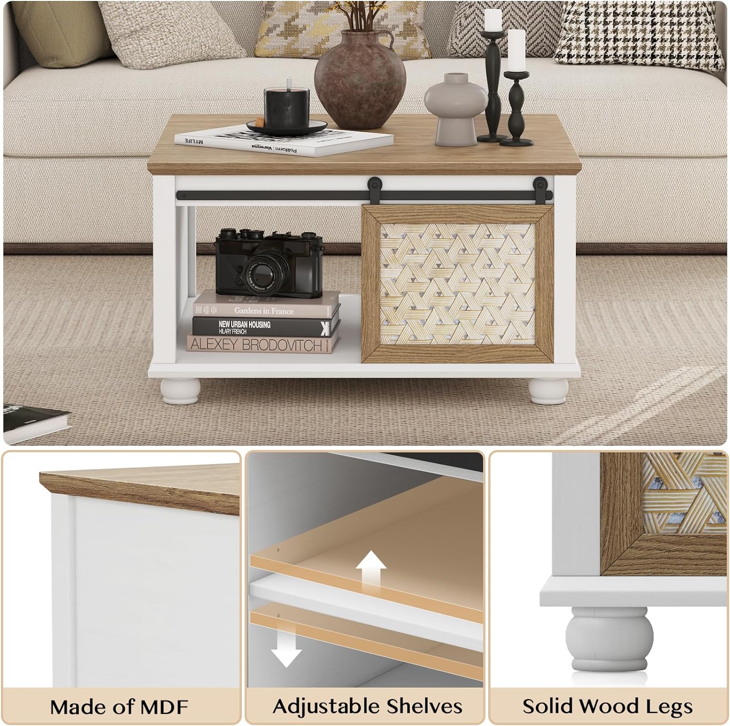 SULIVES Square Coffee Table for Living Room, Farmhouse Style with Storage, Sliding Barn Door,  Modern Farmhouse Design, White Coffee Table