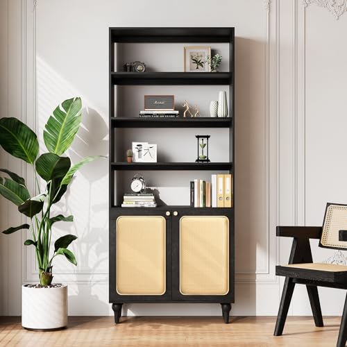 SULIVES Black Bookshelf with Doors, Boho Rattan Bookshelf, Tall Wood Bookcase Shelf for Living Room Bedroom Study Office