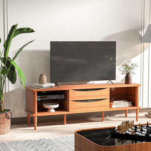 SULIVES TV Stand for 75+ Inch TV, Mid Century Modern TV Stand with Rattan Drawer,Entertainment Center with Storage, Large Media TV Console, 66 inch Long Television Stand for Living Room,Cherry