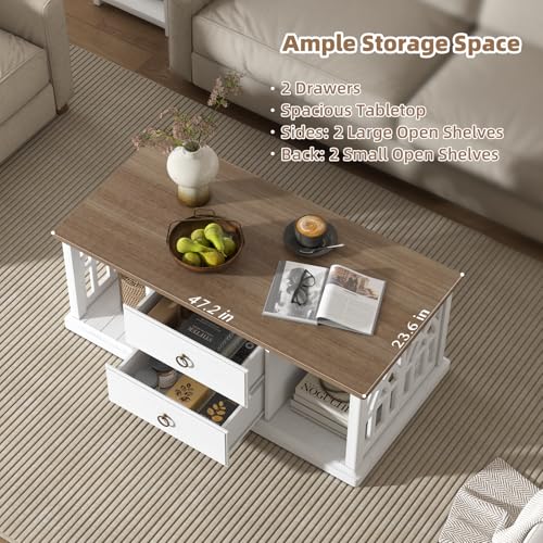 SULIVES Farmhouse Coffee Table with Storage, Modern Rectangular Table with Drawers, Open Shelves, for Living Room or Office, Antique White