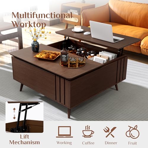 SULIVES Lift Top Coffee Table with Storage, Mid Century Modern Wood Square Table, Multi-Functional for Living Room, Eating, Gaming, Working, Walnut