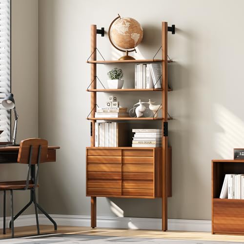 SULIVES Ladder Bookshelf with Storage Cabinet,Mid Century Modern Bookshelf,Wall Mounted Bookshelf with Wood and Metal Frame,6 Tier Open Display Rack for Living Room,Bedroom,Home Office,Cherry