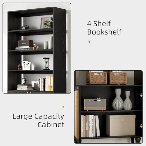 SULIVES Black Bookshelf with Doors, Boho Rattan Bookshelf, Tall Wood Bookcase Shelf for Living Room Bedroom Study Office