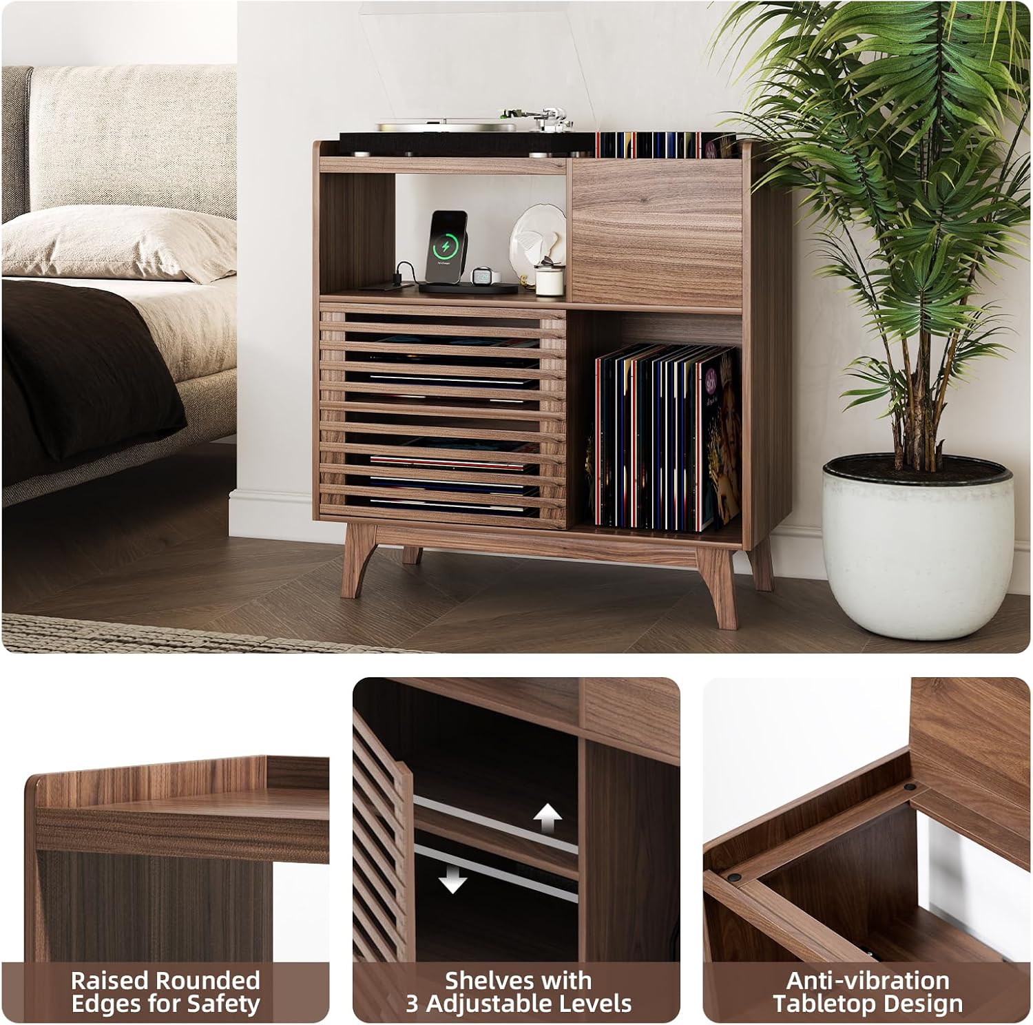 SULIVES Record Player Stand with Vinyl Storage and Charging Station, Large Walnut Cabinet for Holds Up to 300 Albums