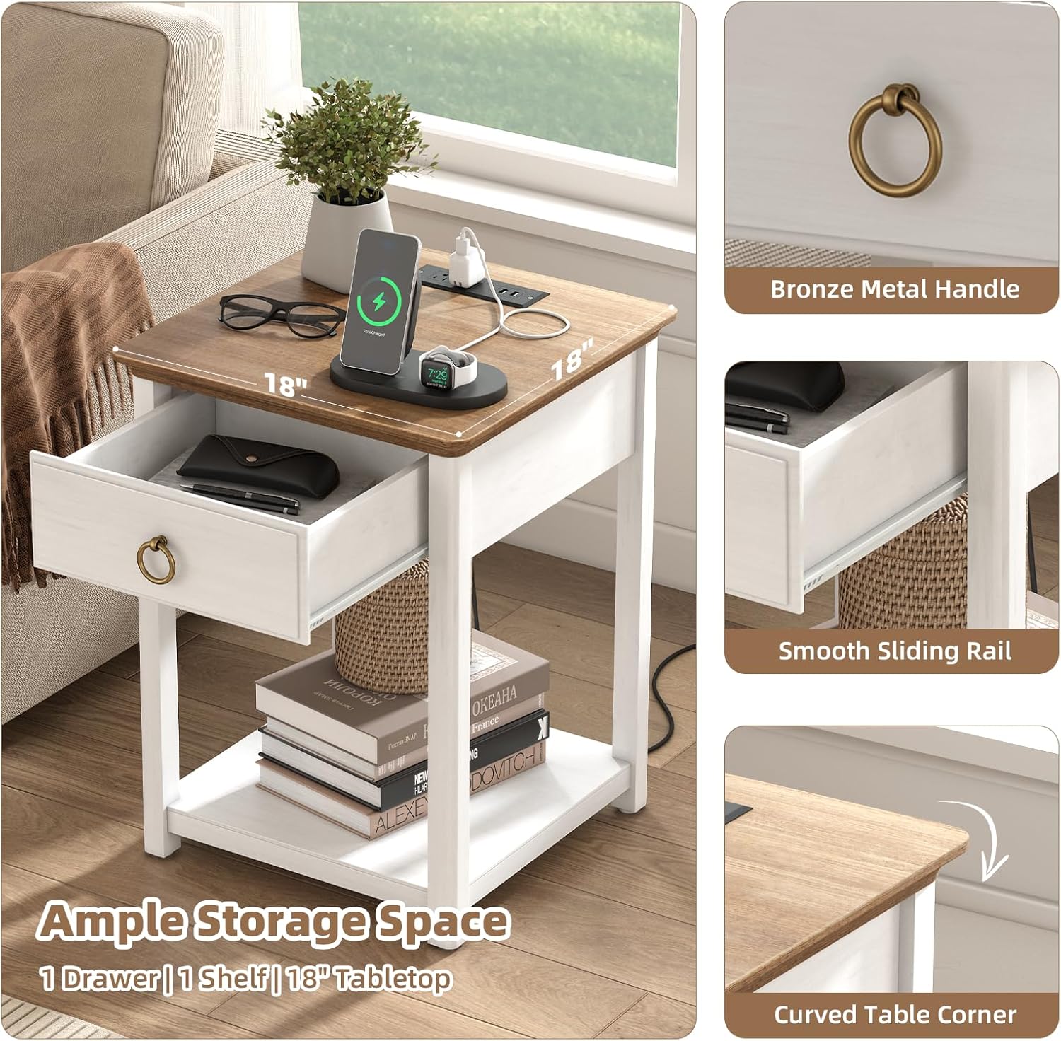 SULIVES End Table with Charging Station, Farmhouse Nightstand with Storage, Square Side Table with Drawer, Solid Wood, for Living Room, Bedroom, White