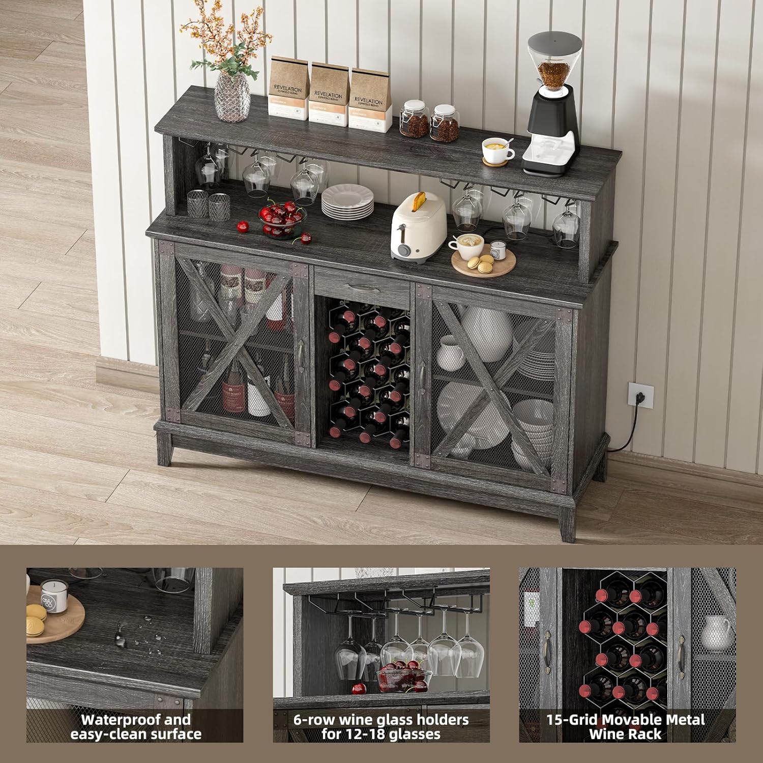 SULIVES Farmhouse Wine Bar Cabinet with LED Lights, Wine Rack & Glass Holder, Liquor Storage, Industrial Sideboard Buffet for Dining Room, Grey