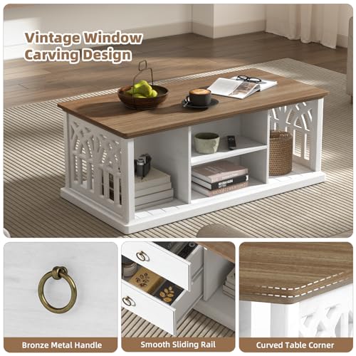 SULIVES Farmhouse Coffee Table with Storage, Modern Rectangular Table with Drawers, Open Shelves, for Living Room or Office, Antique White