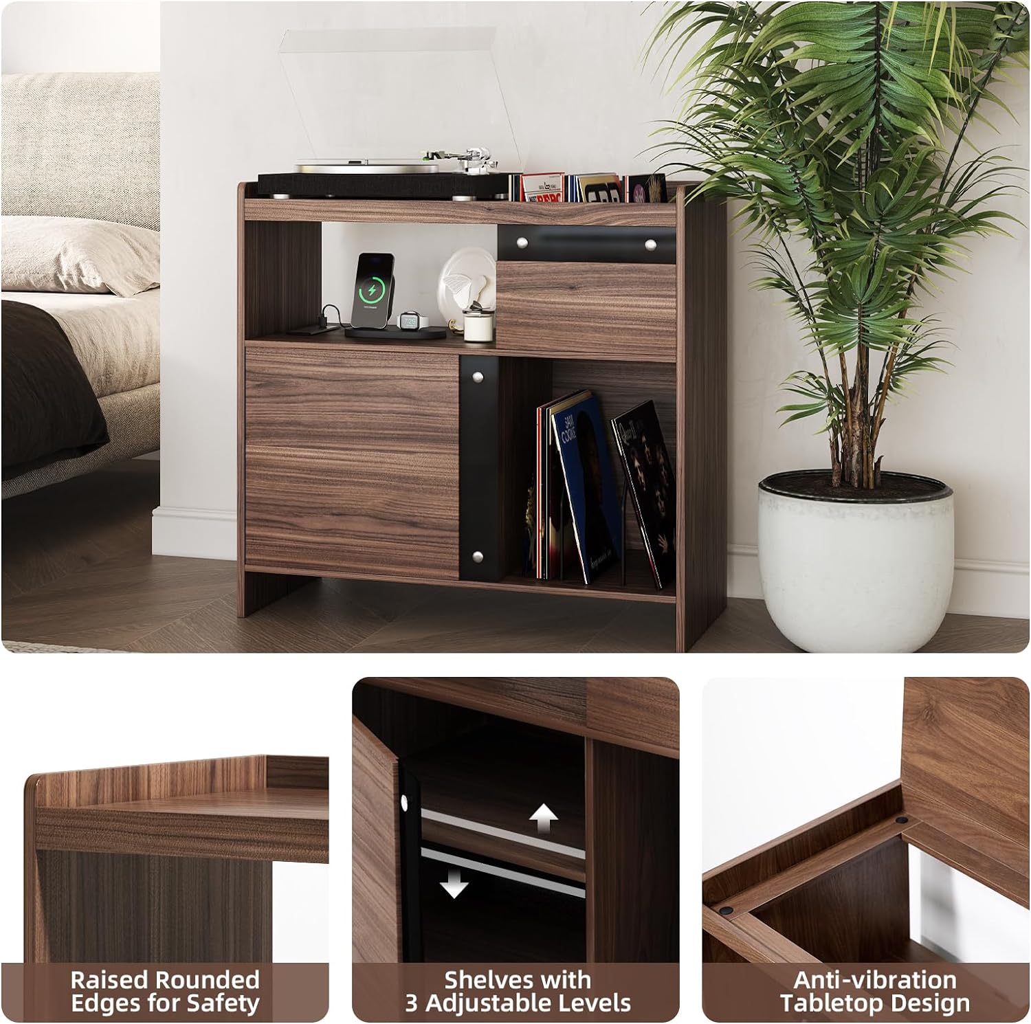 SULIVESRecord Player Stand with Vinyl Storage and Charging Station,Mid Century Modern Media Cabinet,Stereo Cabinet Holds Up to 300 Albums,Turntable Stand with Adjustable Shelf(Walnut & Black, Large)