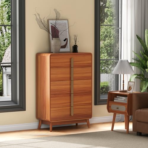 SULIVES Mid Century Modern 5-Drawer Dresser with Metal Handles, Storage Chest for Bedroom, Living Room, Hallway, Wood Organizer, Cherry