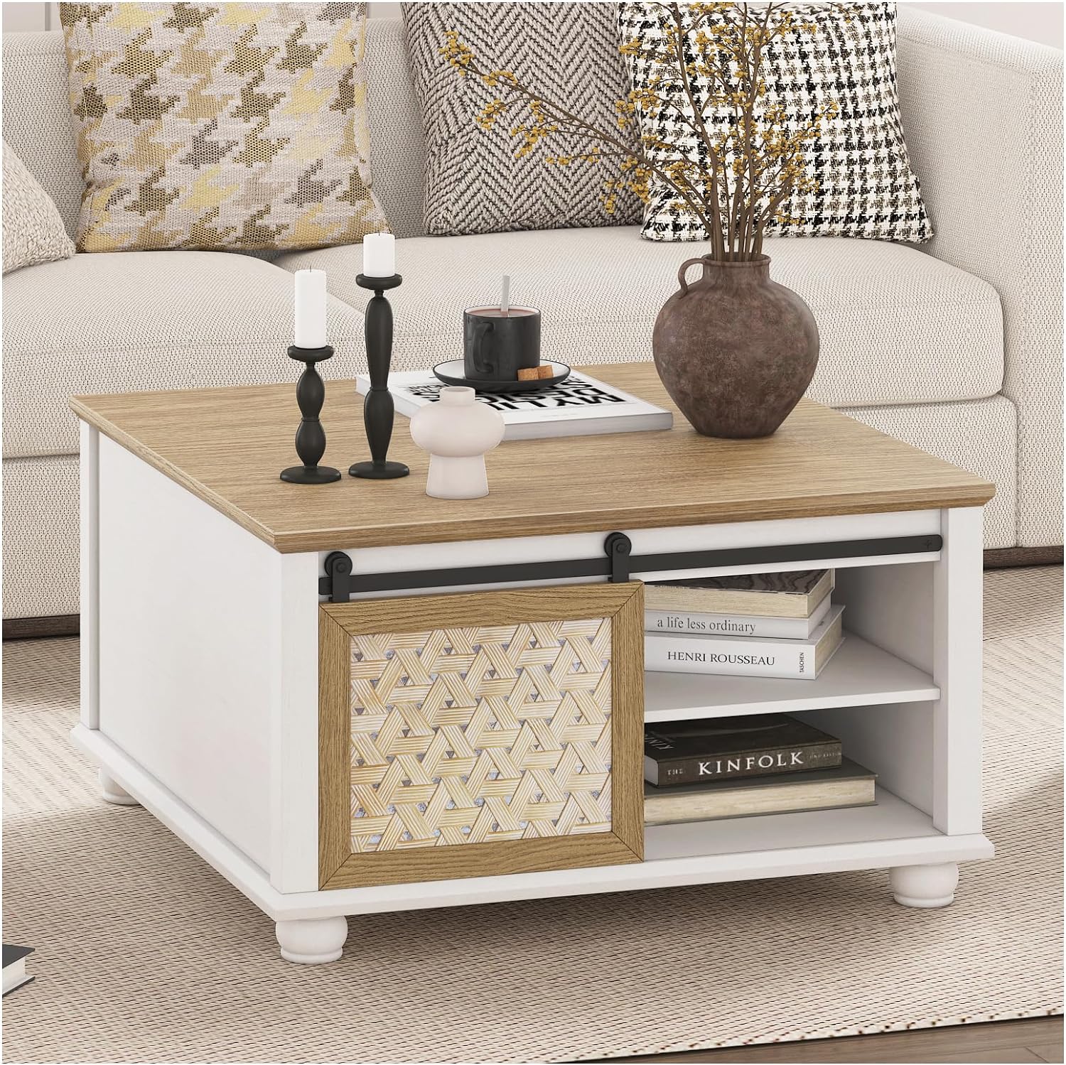 SULIVES Square Coffee Table for Living Room, Farmhouse Style with Storage, Sliding Barn Door,  Modern Farmhouse Design, White Coffee Table