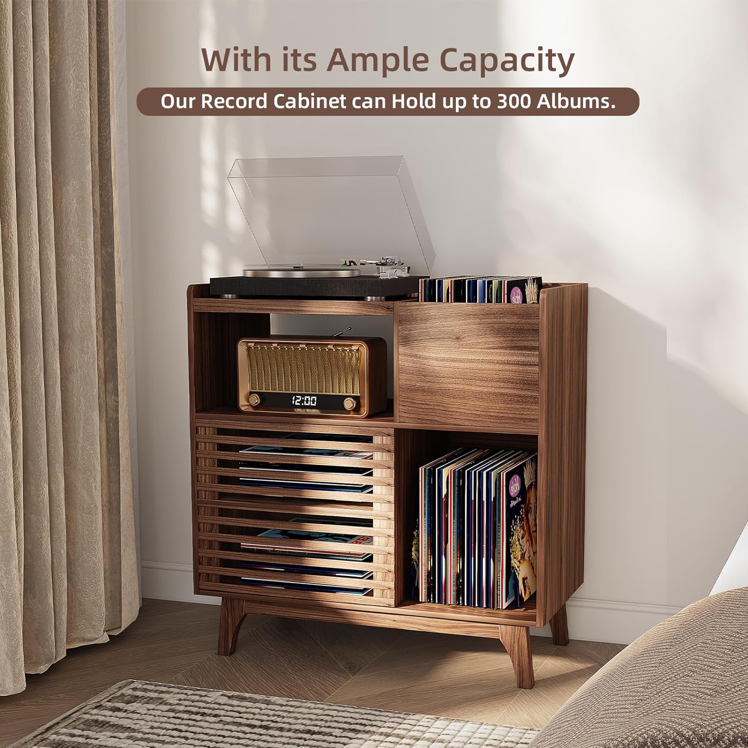 SULIVES Record Player Stand with Vinyl Storage and Charging Station, Large Walnut Cabinet for Holds Up to 300 Albums