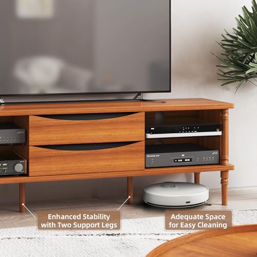 SULIVES TV Stand for 75+ Inch TV, Mid Century Modern TV Stand with Rattan Drawer,Entertainment Center with Storage, Large Media TV Console, 66 inch Long Television Stand for Living Room,Cherry