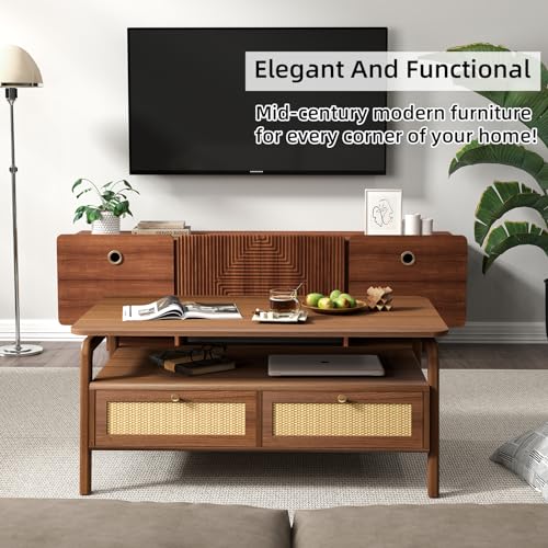 SULIVES TV Stand for 75+ Inch TV, Mid Century Modern TV Stand with Rattan Drawer,Entertainment Center with Storage, Large Media TV Console, 66 inch Long Television Stand for Living Room,Cherry