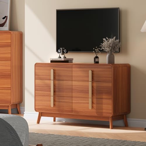 SULIVES Mid Century Modern Dresser,6 Drawer Dresser with Storage,Chest of Drawers with Metal Handle,Dresser TV Stand,Large Wood Drawer Organizer for Bedroom,Living Room,Hallway,Cherry