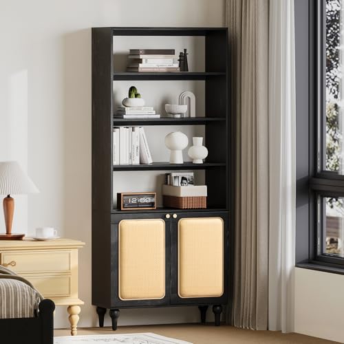 SULIVES Black Bookshelf with Doors, Boho Rattan Bookshelf, Tall Wood Bookcase Shelf for Living Room Bedroom Study Office