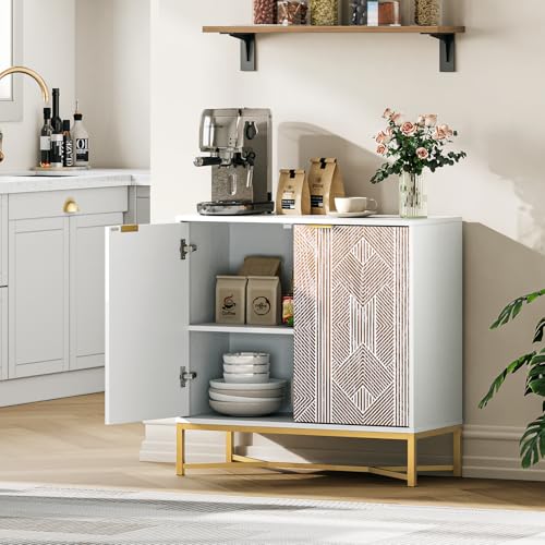 SULIVES Modern Accent Cabinet with Doors,Buffets & Sideboards with Storage,Carved Decorative Storage Cabinet with Gold Legs,Credenzas for Living Room,Entryway,Dining Room,White,1PCS