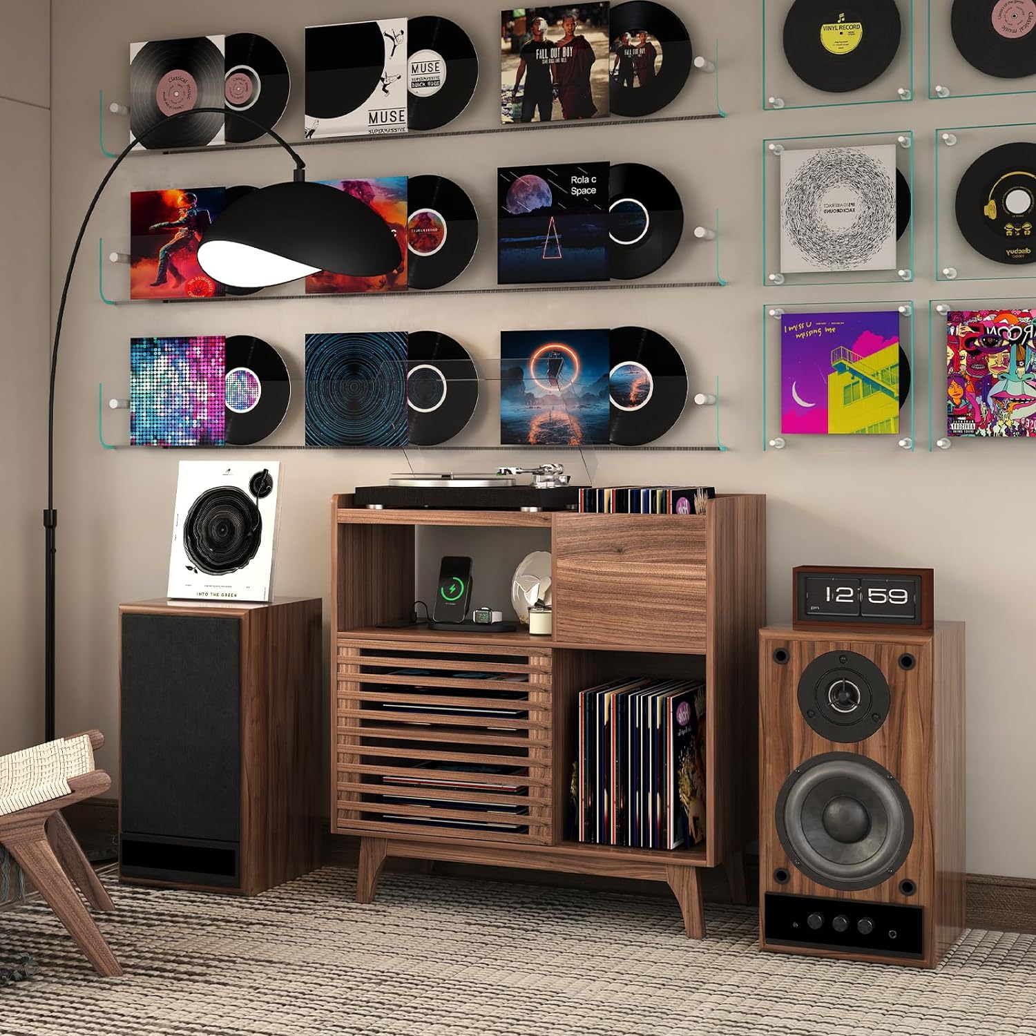 SULIVES Record Player Stand with Vinyl Storage and Charging Station, Large Walnut Cabinet for Holds Up to 300 Albums