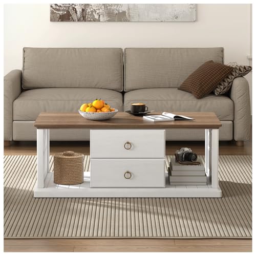 SULIVES Farmhouse Coffee Table with Storage, Modern Rectangular Table with Drawers, Open Shelves, for Living Room or Office, Antique White