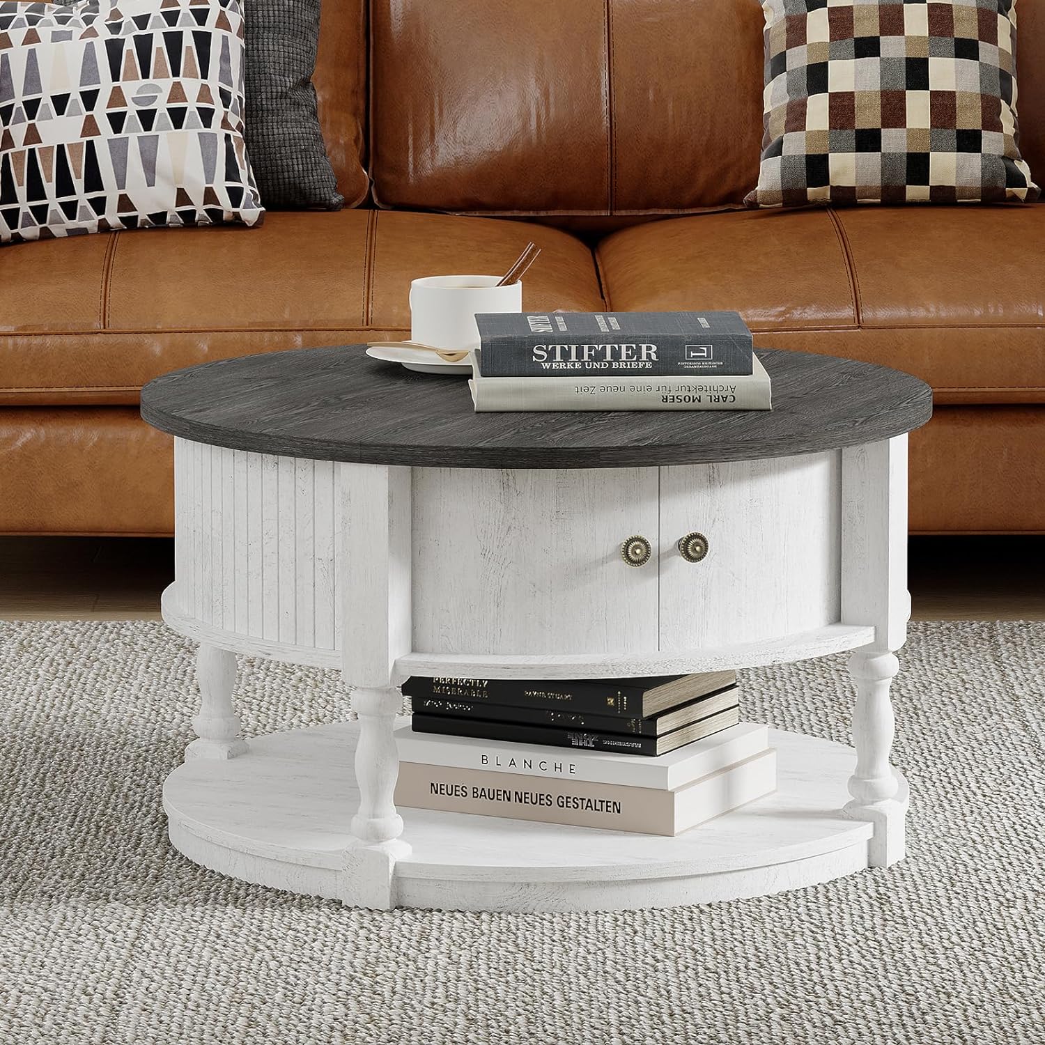 SULIVES Round Coffee Table with Storage, Farmhouse Style, Sliding Door, 31.5" 2-Tier Coffee Table with Solid Wood Legs for Living Room, White