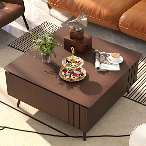 SULIVES Lift Top Coffee Table with Storage, Mid Century Modern Wood Square Table, Multi-Functional for Living Room, Eating, Gaming, Working, Walnut