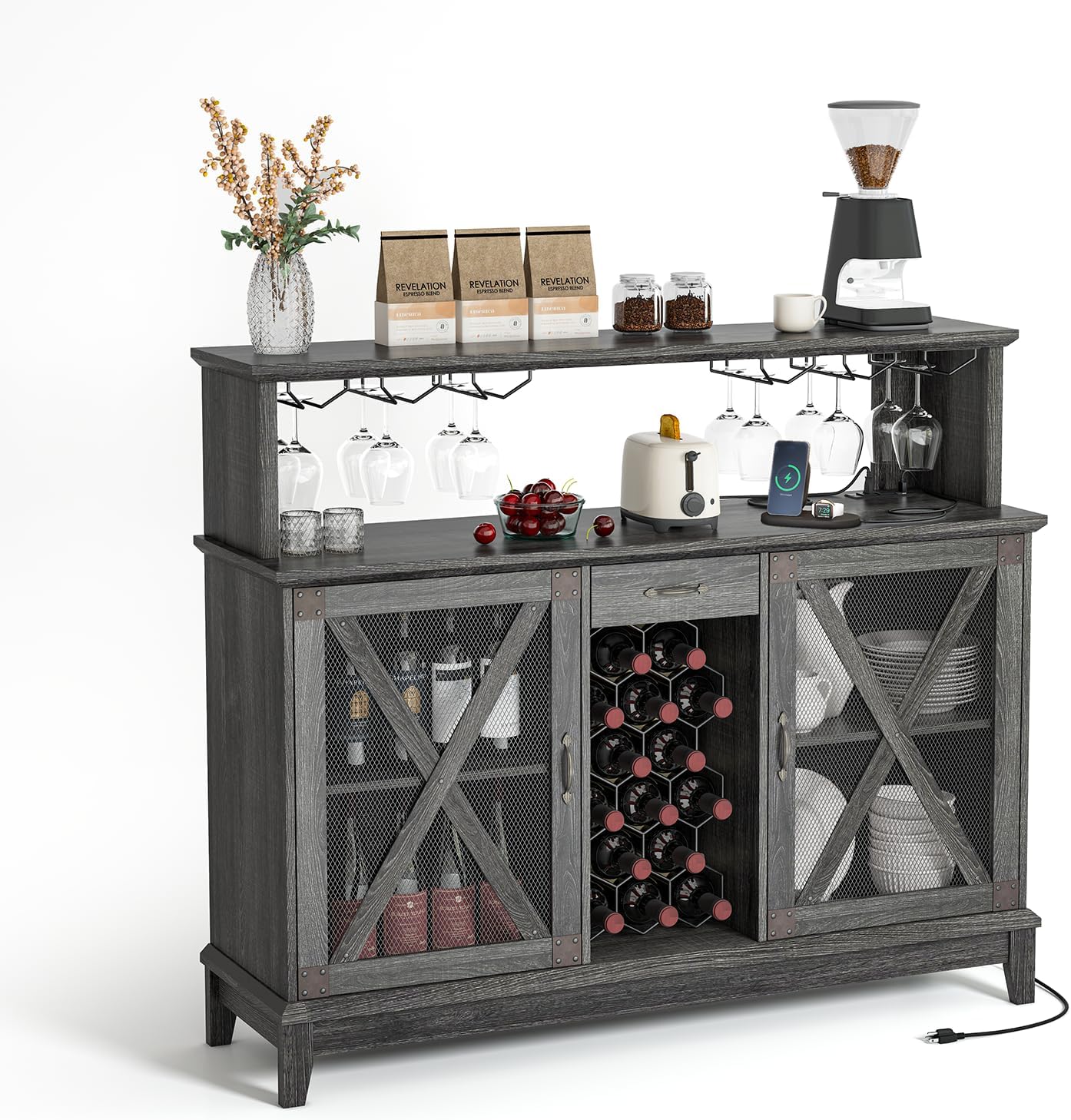 SULIVES Farmhouse Wine Bar Cabinet with LED Lights, Wine Rack & Glass Holder, Liquor Storage, Industrial Sideboard Buffet for Dining Room, Grey