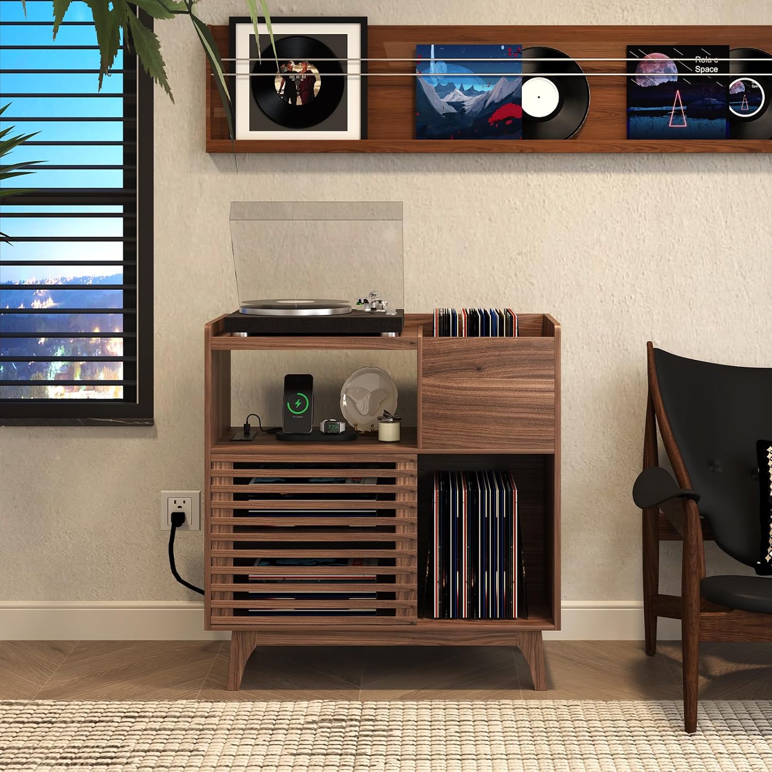 SULIVES Record Player Stand with Vinyl Storage and Charging Station, Large Walnut Cabinet for Holds Up to 300 Albums