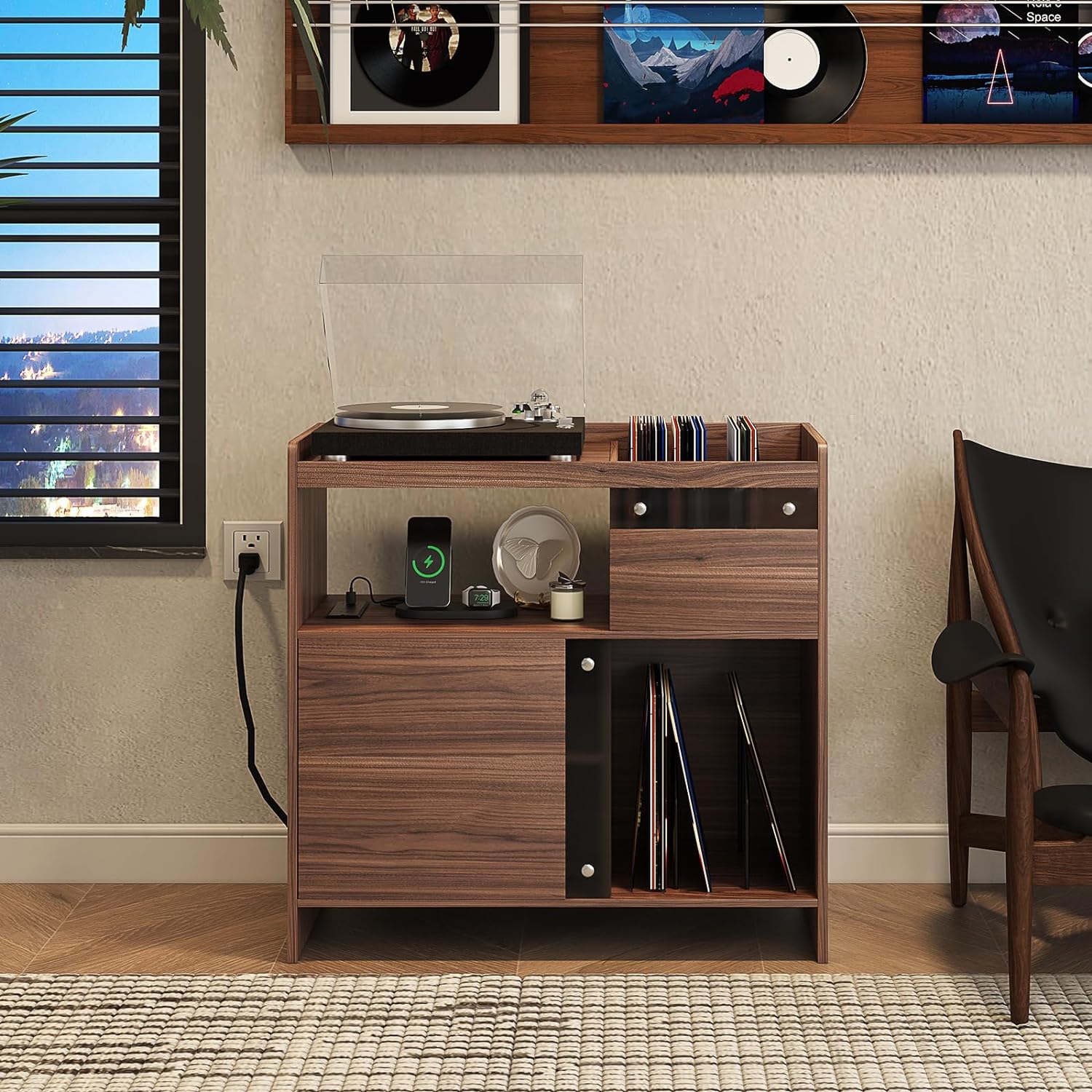 SULIVESRecord Player Stand with Vinyl Storage and Charging Station,Mid Century Modern Media Cabinet,Stereo Cabinet Holds Up to 300 Albums,Turntable Stand with Adjustable Shelf(Walnut & Black, Large)