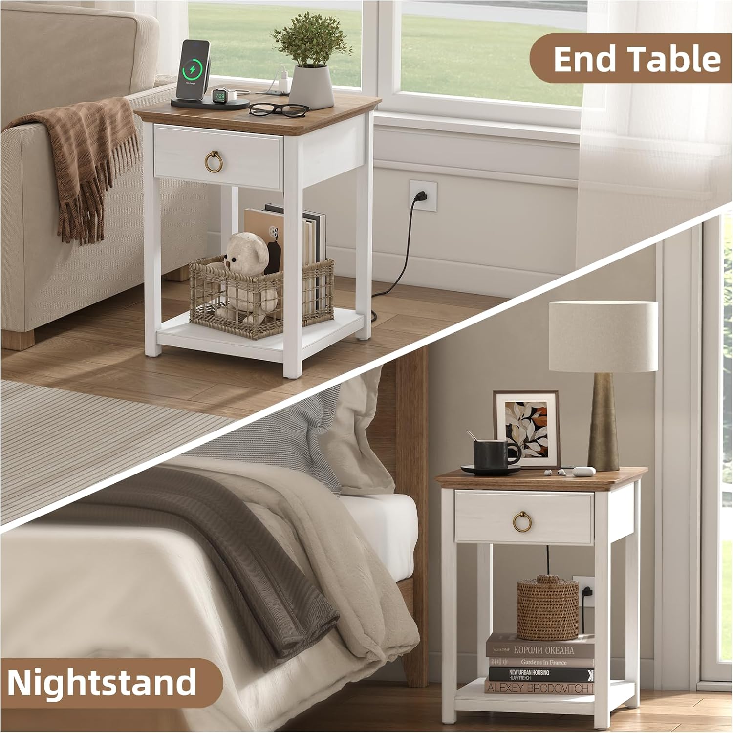 SULIVES End Table with Charging Station, Farmhouse Nightstand with Storage, Square Side Table with Drawer, Solid Wood, for Living Room, Bedroom, White