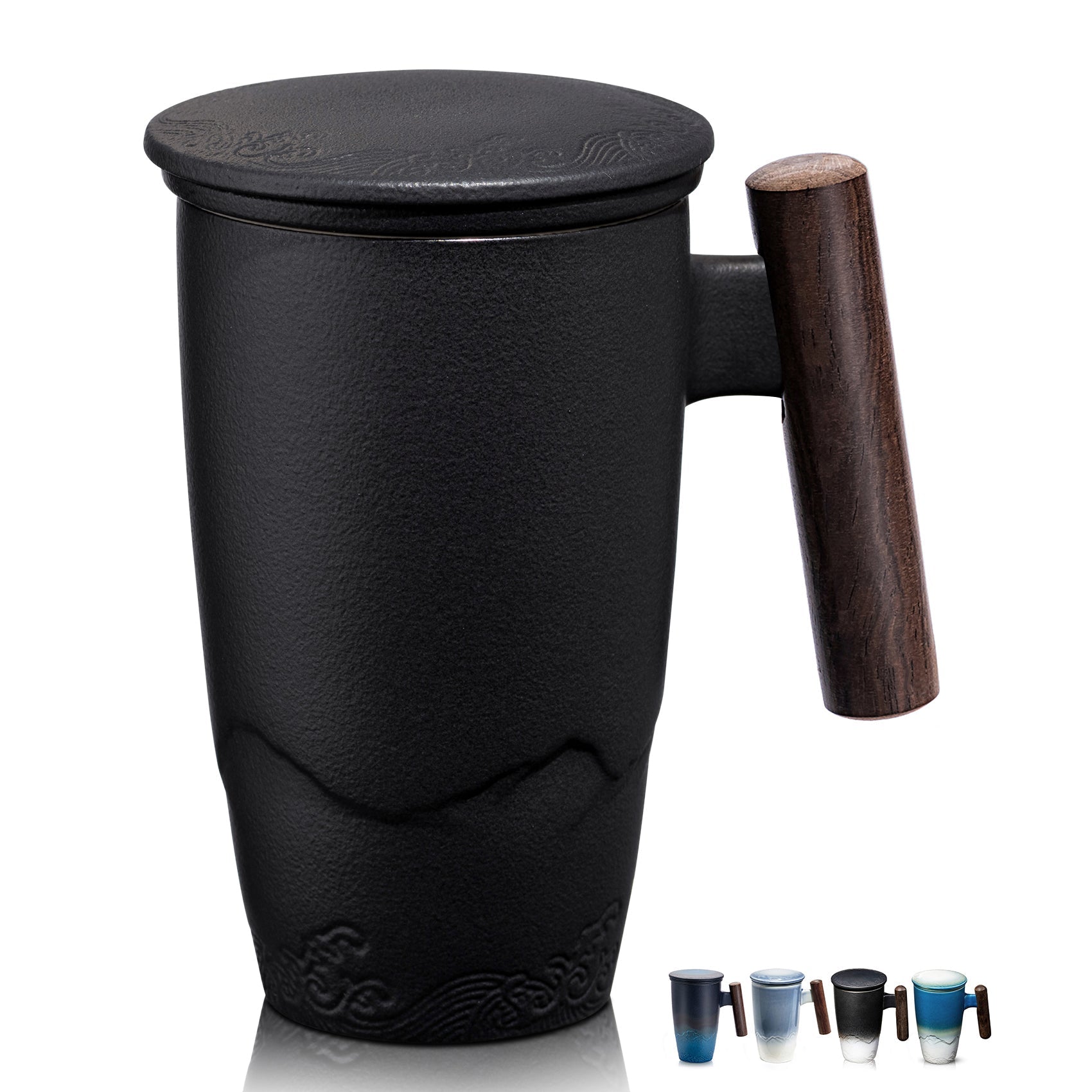 SUMETAS Ceramic Tea Cup with Infuser and Lid Tea Mugs Wooden Handle 13.5oz (Cyan)