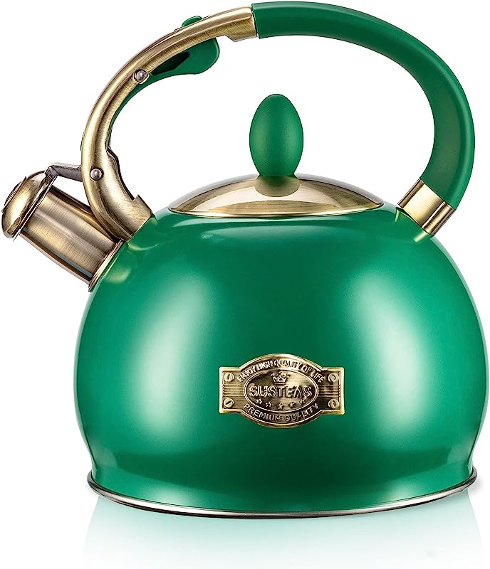 SUMETAS Whistling Tea Kettle - Surgical Stainless Steel, Cool Touch Handle, 2.64 Quart (Green)