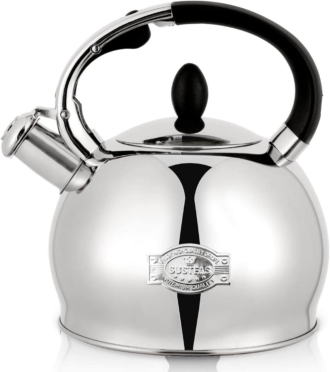 SUMETAS Stove Top Whistling Tea Kettle Stainless Steel Teakettle with Cool Touch Ergonomic Handle,1 Free Silicone Pinch Mitt Included,2.64 Quart(SILVER)