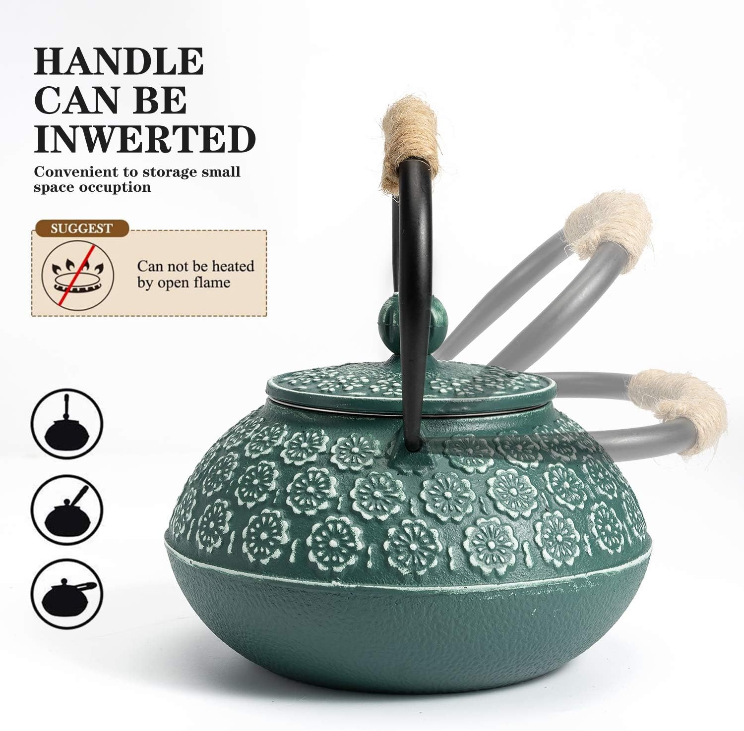 Japanese Cast Iron Teapot with Infuser - 30oz/900ml Capacity, Enameled Interior, Dark Green Color, Stove Top Safe