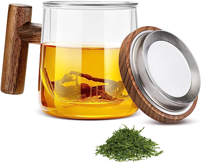 Gray Glass Tea Cup with Infuser and Lid - 13.5oz Capacity, Wooden Handle - Perfect for Home, Office, and Gifting