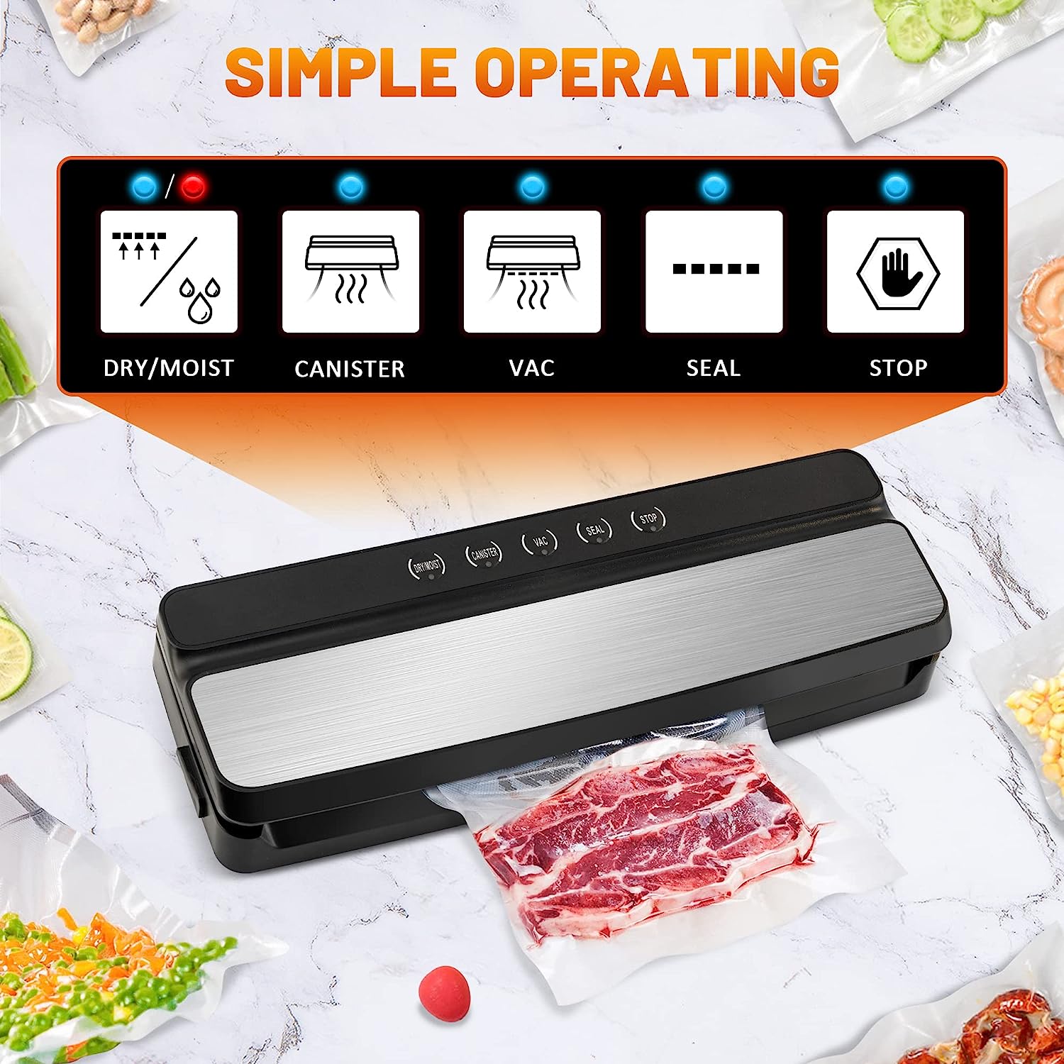 SUMETAS Food Vacuum Sealer - Dry & Moist Modes for Preservation and Storage with 10 Bags