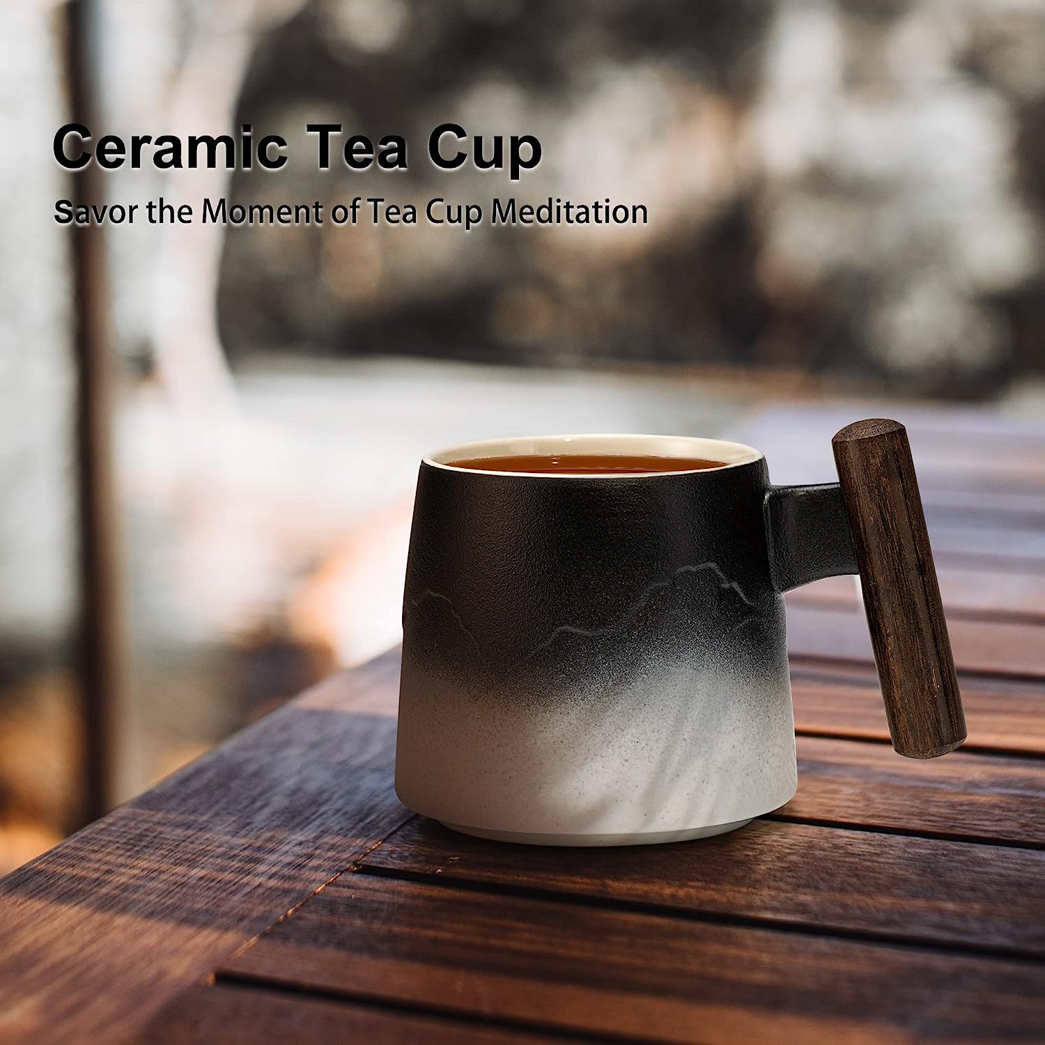 Gradient Black & White Ceramic Tea Cup with Infuser, Lid, and Wooden Handle - 400ml (Blue)