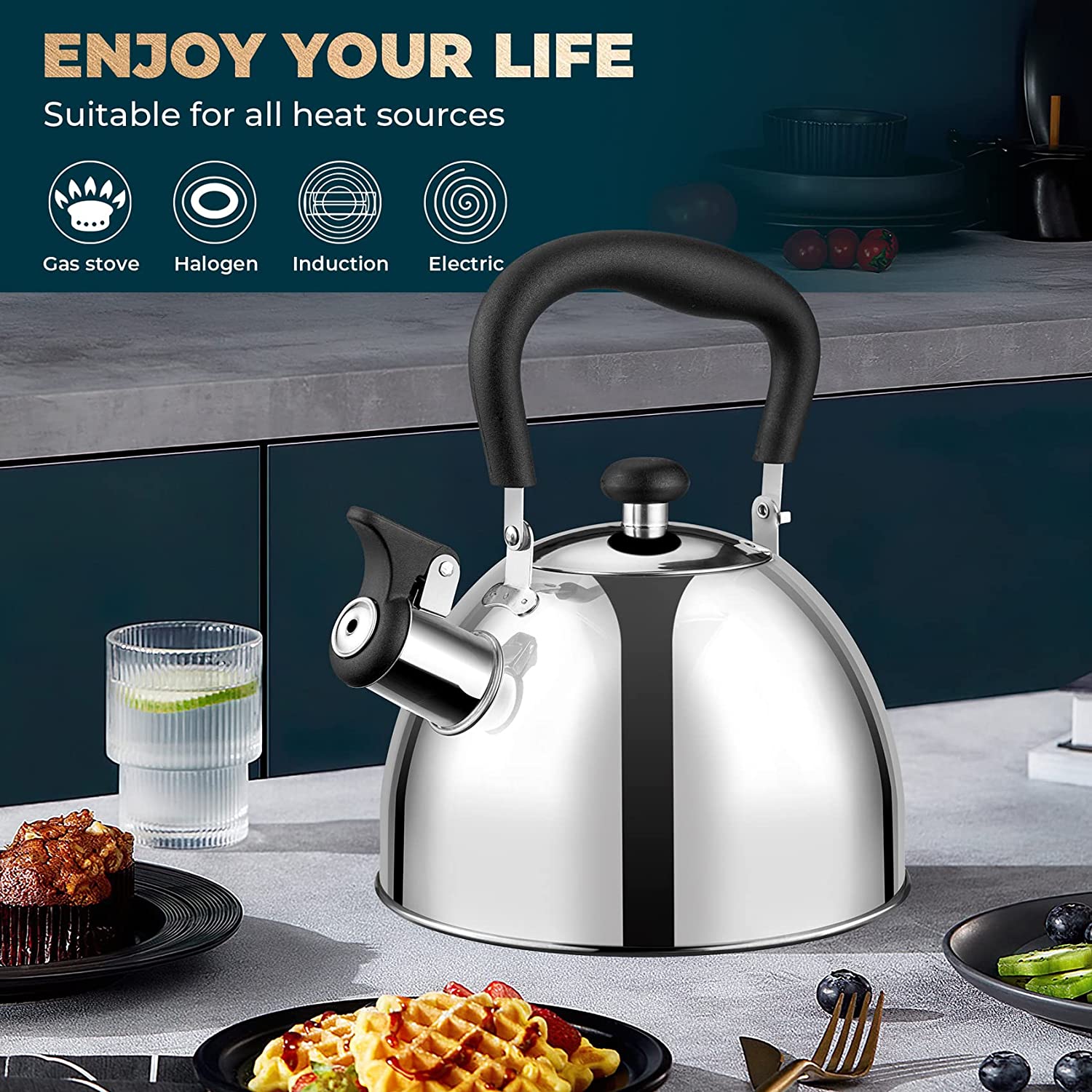 SUMETAS 2.2QT Stainless Steel Whistling Tea Kettle for Stovetop - Universal Base, Cool Grip Handle,