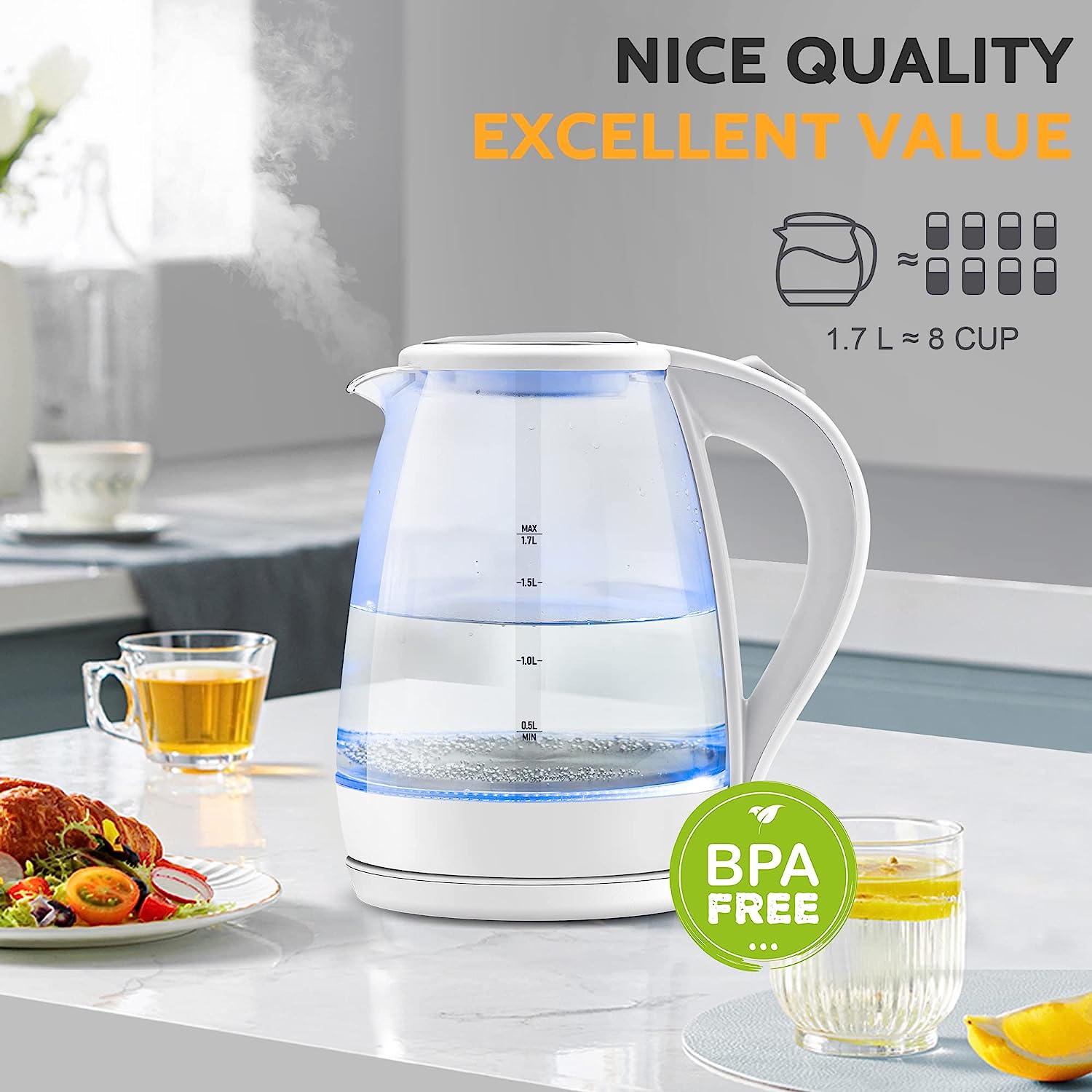 Glass Electric Kettle - 1.7L Capacity with LED Indicator, Auto Shut-Off, and Boil-Dry Protection