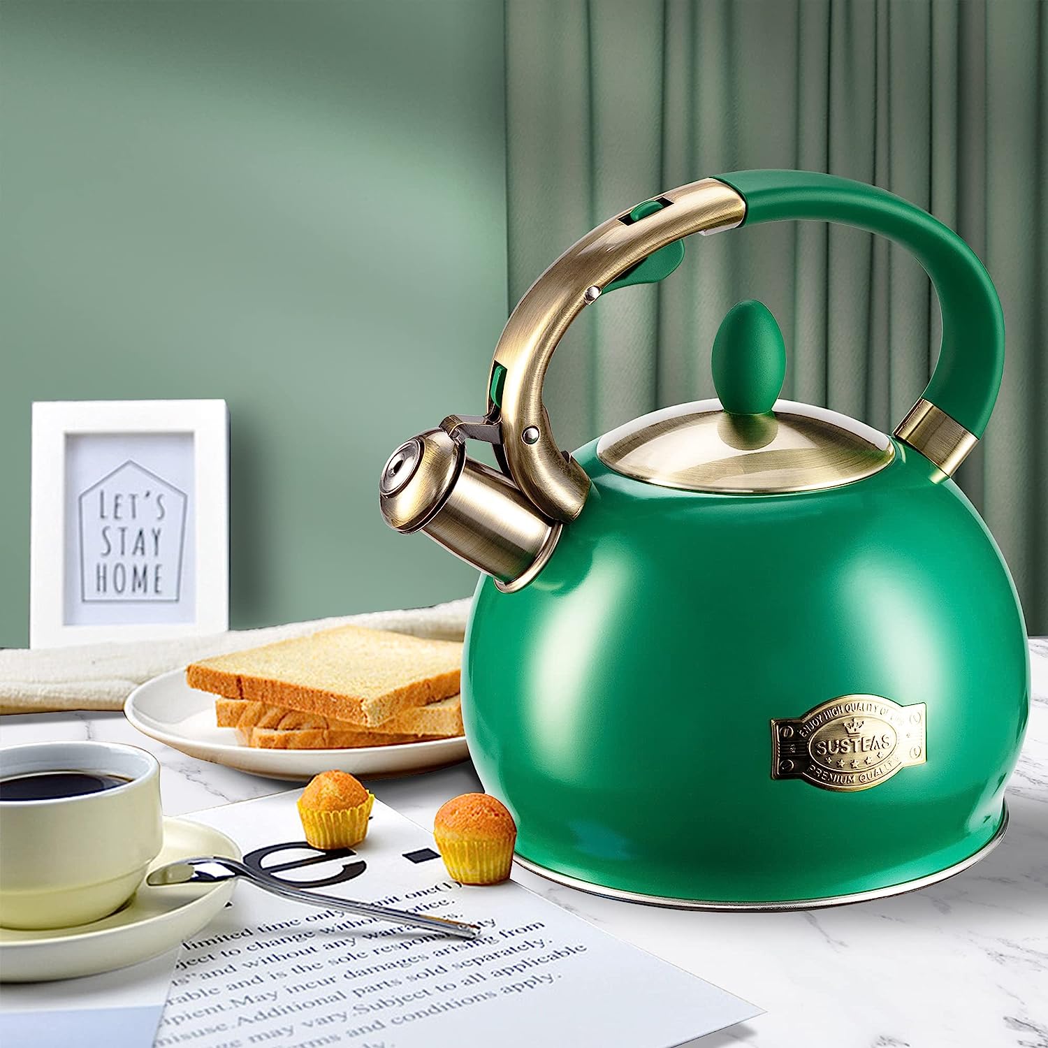 SUMETAS Whistling Tea Kettle - Surgical Stainless Steel, Cool Touch Handle, 2.64 Quart (Green)