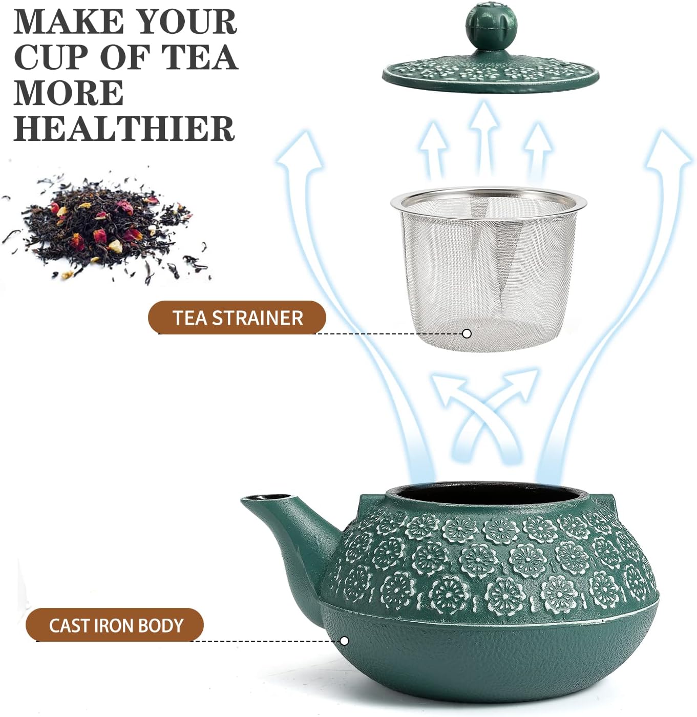 Japanese Cast Iron Teapot with Infuser - 30oz/900ml Capacity, Enameled Interior, Dark Green Color, Stove Top Safe