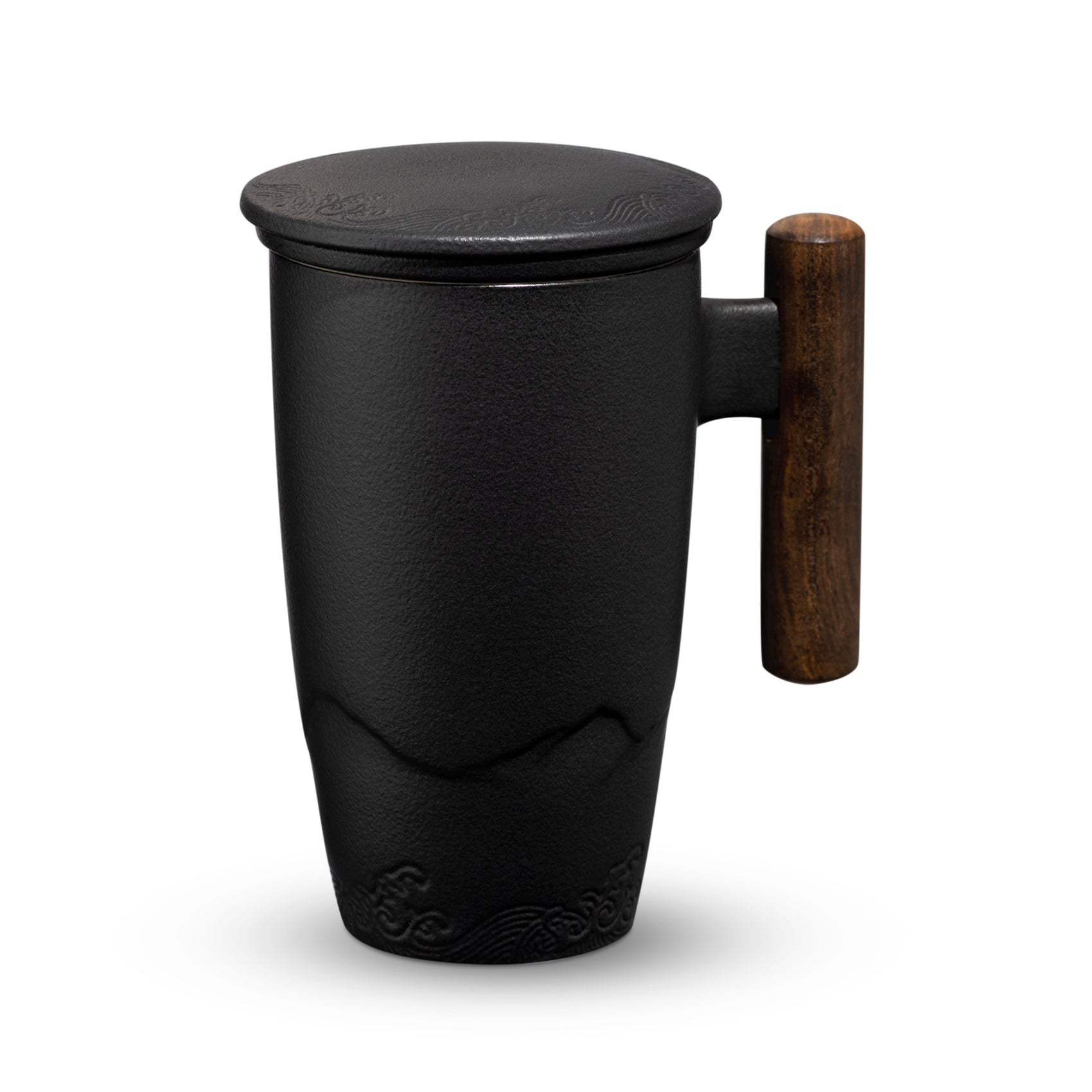 SUMETAS Ceramic Tea Cup with Infuser and Lid Tea Mugs Wooden Handle 13.5oz (Black)