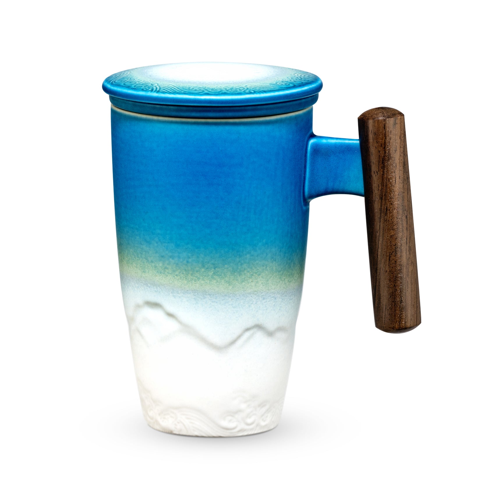 SUMETAS Ceramic Tea Cup with Infuser and Lid Tea Mugs Wooden Handle 13.5oz (Cyan Blue)