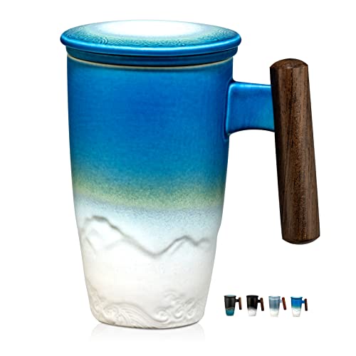 SUMETAS Ceramic Tea Cup with Infuser and Lid Tea Mugs Wooden Handle 13.5oz (Cyan)